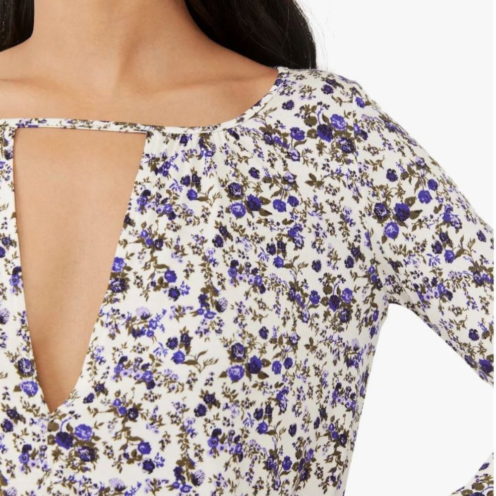 Free People Kaya Ivory & Purple Floral Print Cutout Bodysuit XS - Picture 3 of 6
